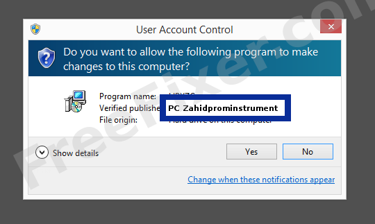 Screenshot where PC Zahidprominstrument appears as the verified publisher in the UAC dialog